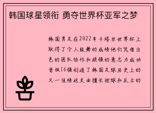 韩国球星领衔 勇夺世界杯亚军之梦