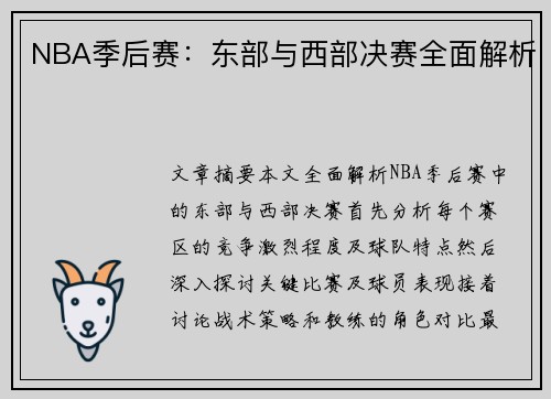 NBA季后赛：东部与西部决赛全面解析